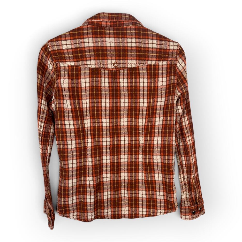 prAna Women size M Orange Brown Plaid Flannel Shirt Outdoor Hiking Cabincore - Picture 2 of 8